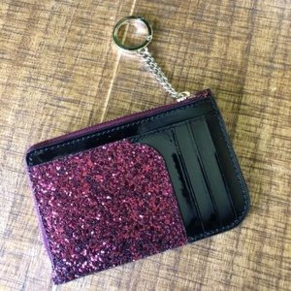 Kate Spade Odette Glitter L-Zip Card Holder Black Cherry Pink Keychain Wallet NW - Picture 3 of 5